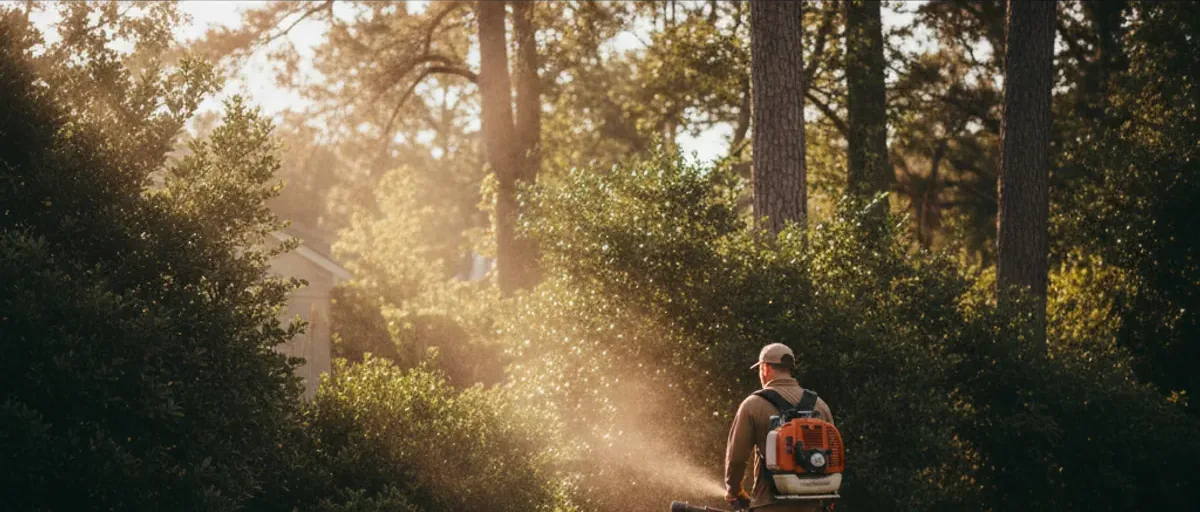 Technician mist-treating backyard foliage for mosquitoes at dusk