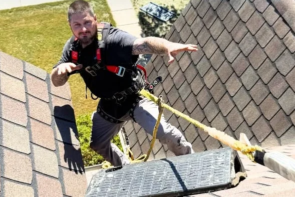 Pest Proof technician doing structural exclusion work on a roof line